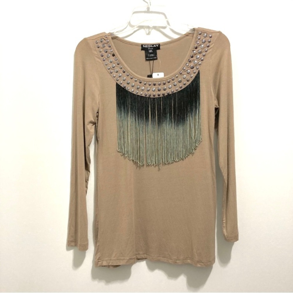 NEW Neslay Paris Women’s Long Sleeves Fringe Studded Top